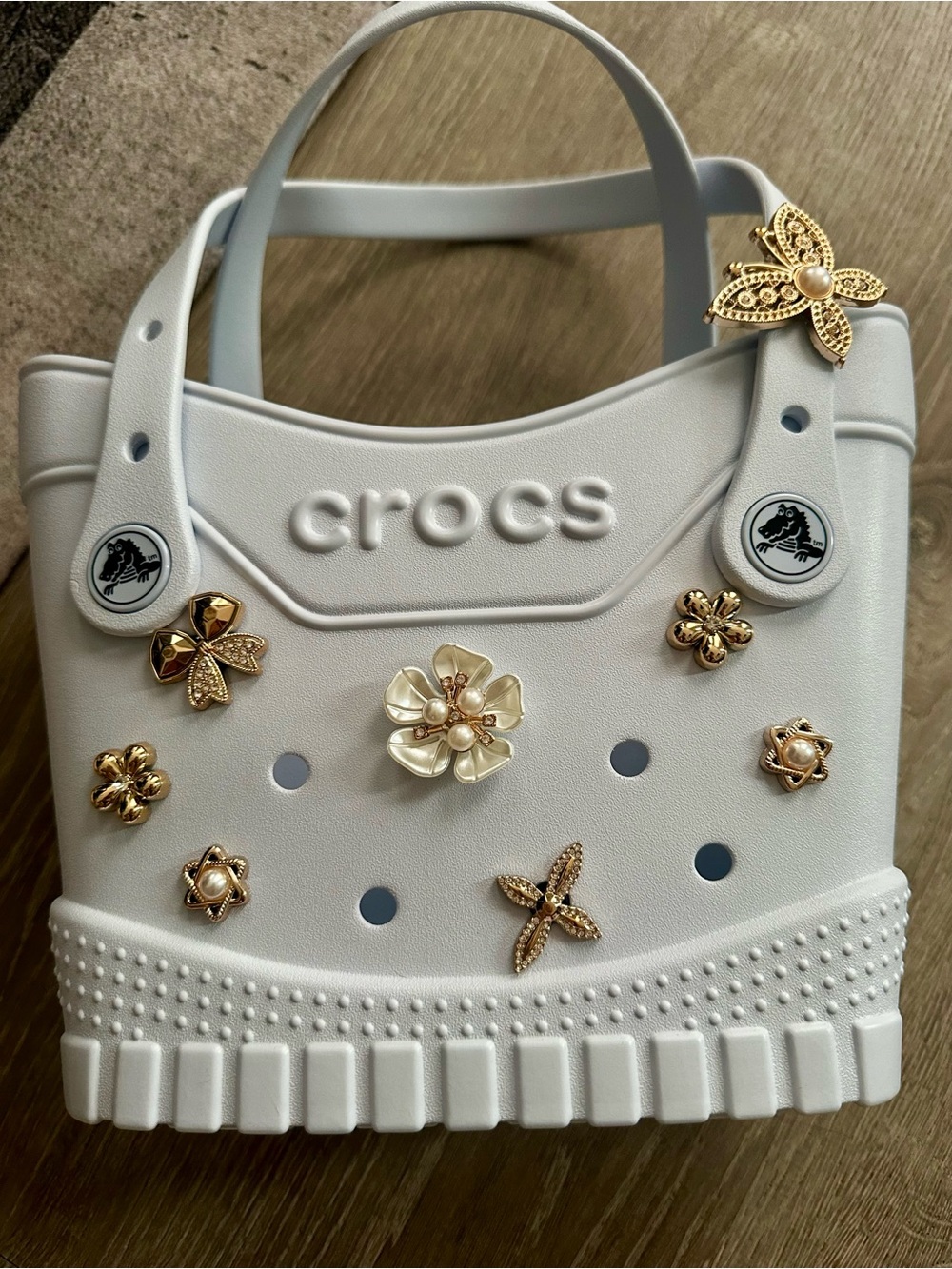 CROCS White Mini Tote with Gold Floral Jibbitz